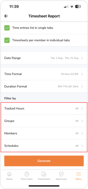 Selecionando filtros para relatórios de planilha de horas