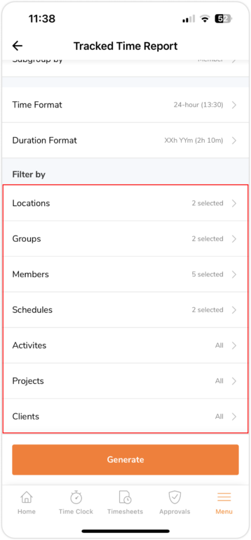 Selecting filters for tracked time reports