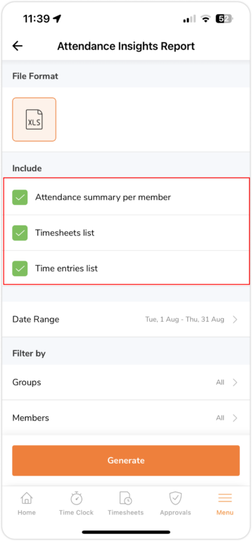 Selecting optional files to download for attendance insights reports