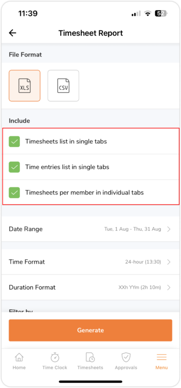 Selecting optional files to download for timesheets reports