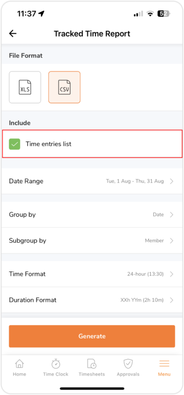 Selecting optional files to download for tracked time reports