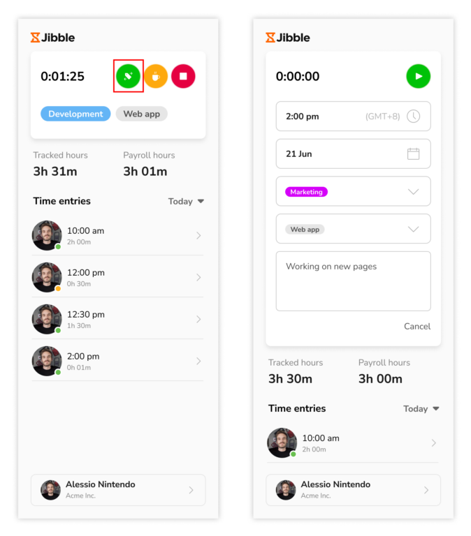 Switching activity on Jibble's desktop time tracker