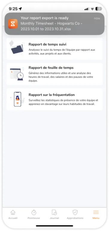 Timesheets report exported via the mobile app