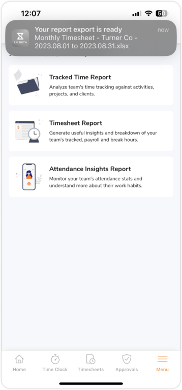 Timesheets report exported via the mobile app