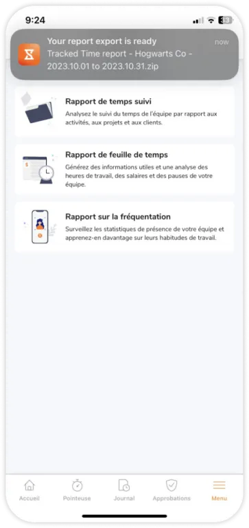 Tracked time report exported via the mobile app