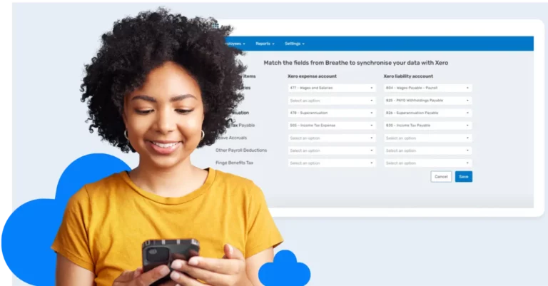 Graphic composite showing a lady looking at a mobile phone with a screenshot of the Breathe HR and Xero integration behind her