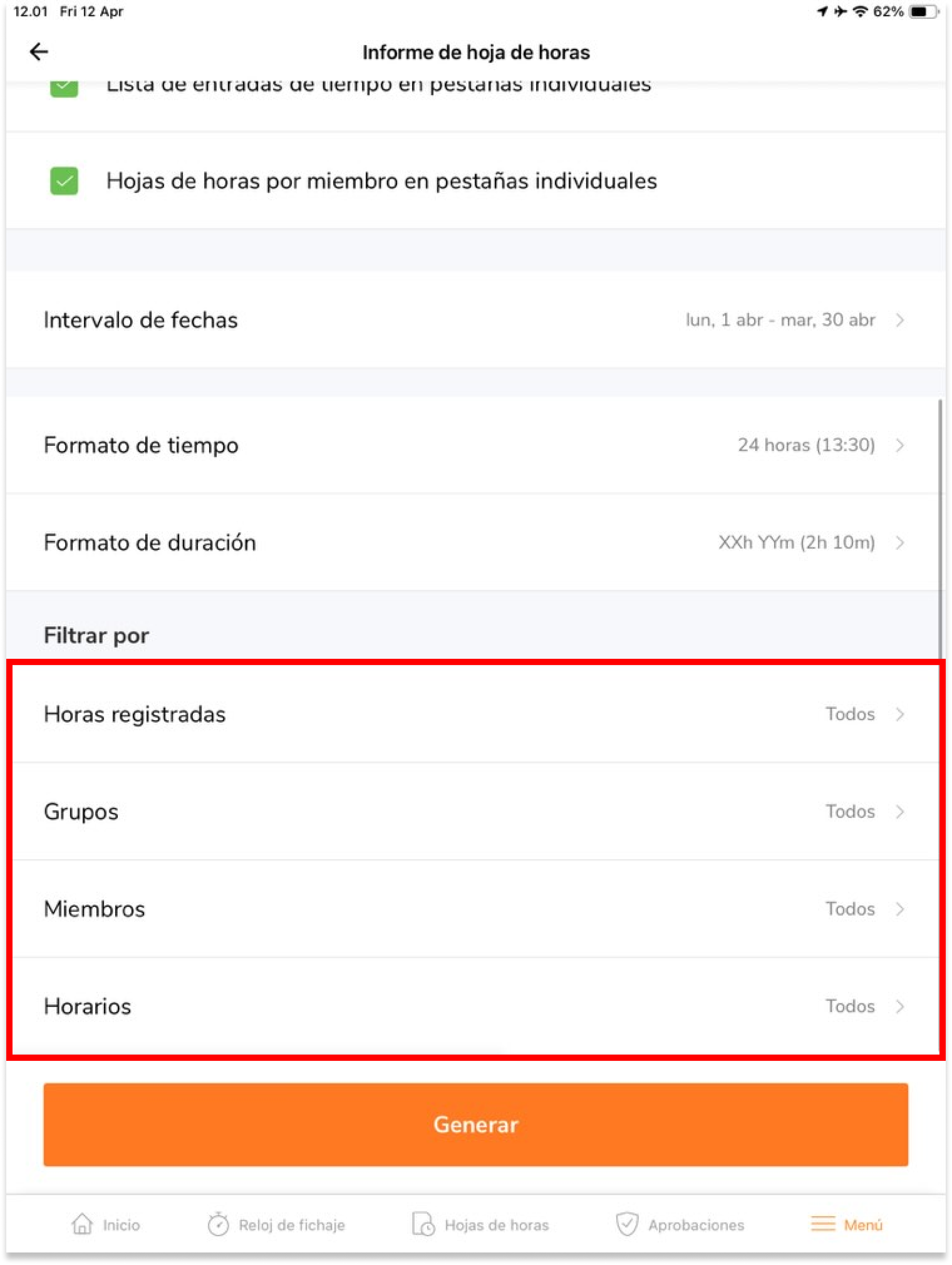Filtra por tipos específicos de datos, si fuera necesario. Si no se selecciona ningún filtro, se exportarán todos los datos.