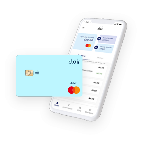 uAttend graphic showing Clair debit card and earlyPay dashboard on mobile