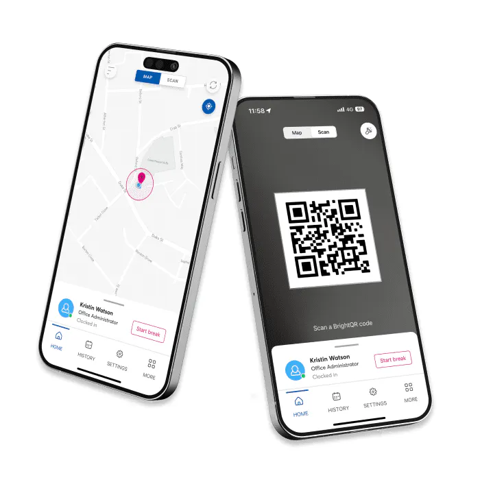 Composite graphic showing the geolocation and QR scanning log-in options of BrightHR's Blip App on two mobile phone screens.