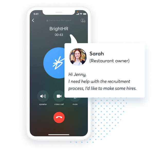 Composite graphic showing how the BrightHR employment law advice feature works. The screenshot of the user's request for legal advice is superimposed on an image of a phone call with a BrightHR legal expert.