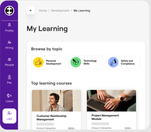 view of the L&D tab inside employment hero's software