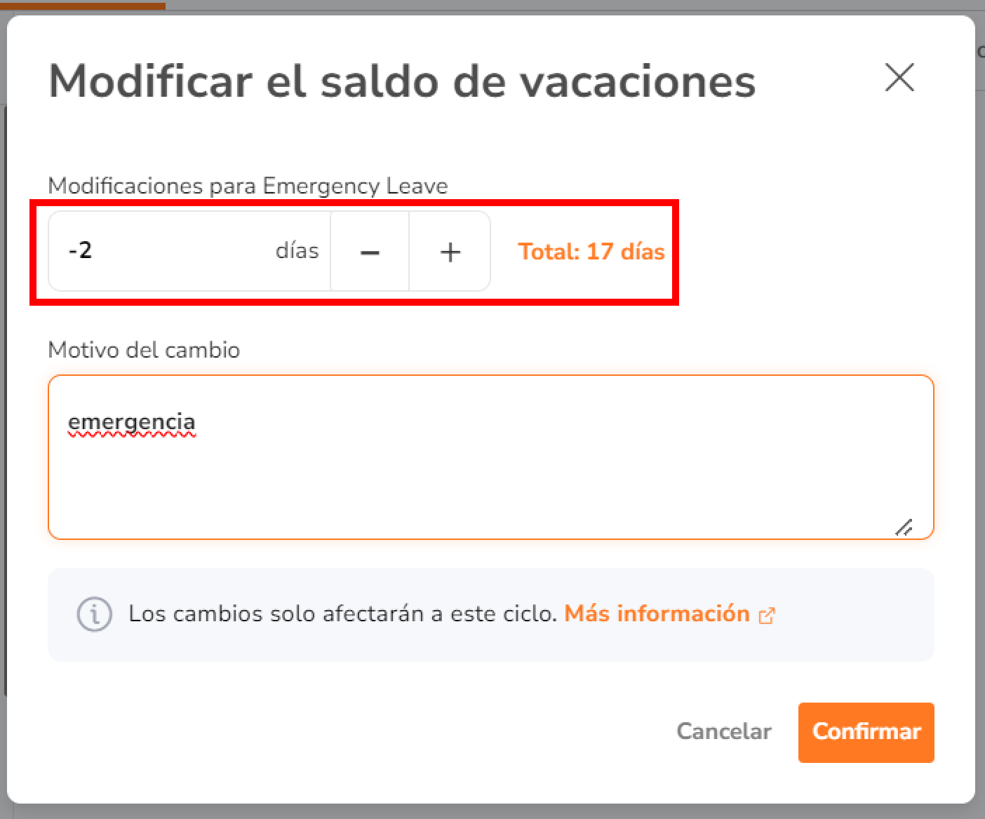 Haz clic en el icono + para añadir saldos de vacaciones o en el icono - para deducir saldos de vacaciones. 