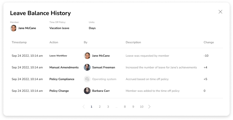 Logs of leave balance history for a time off policy