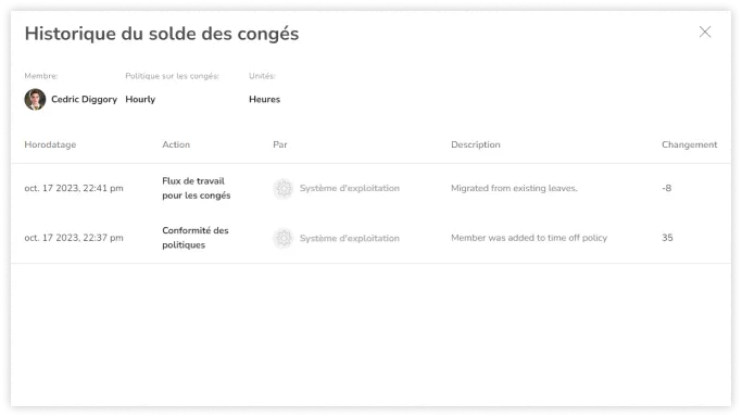 Viewing leave balance history of an organization member.