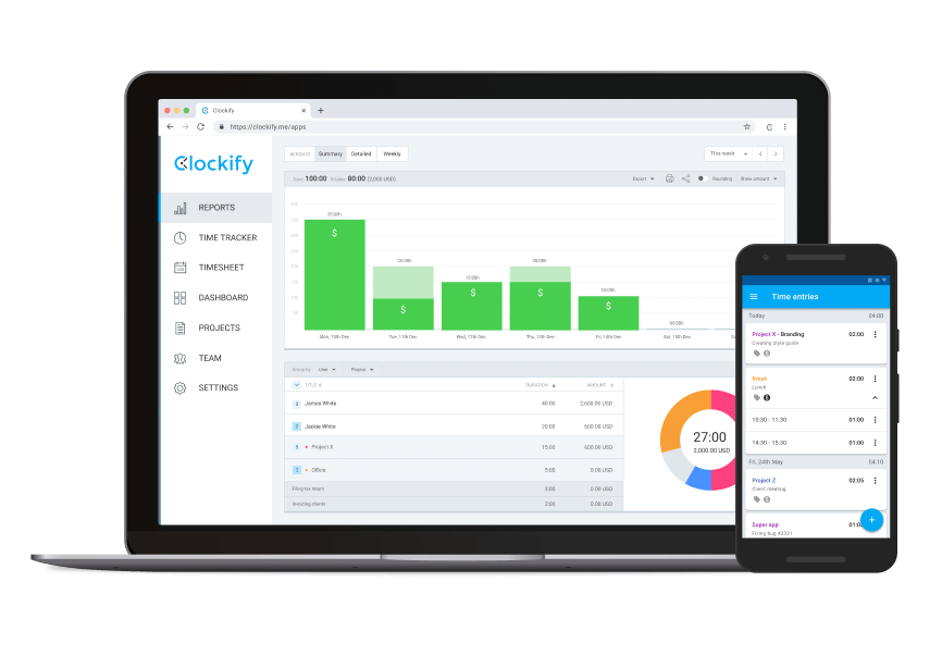 Clockify time tracking software on web and mobile