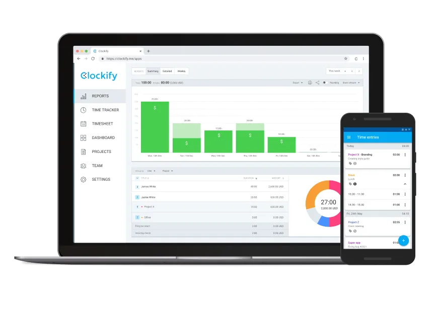 Clockify time tracking software on web and mobile
