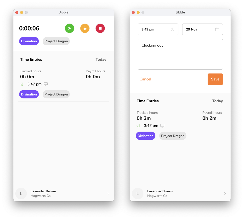 Clocking out on Mac desktop time tracker