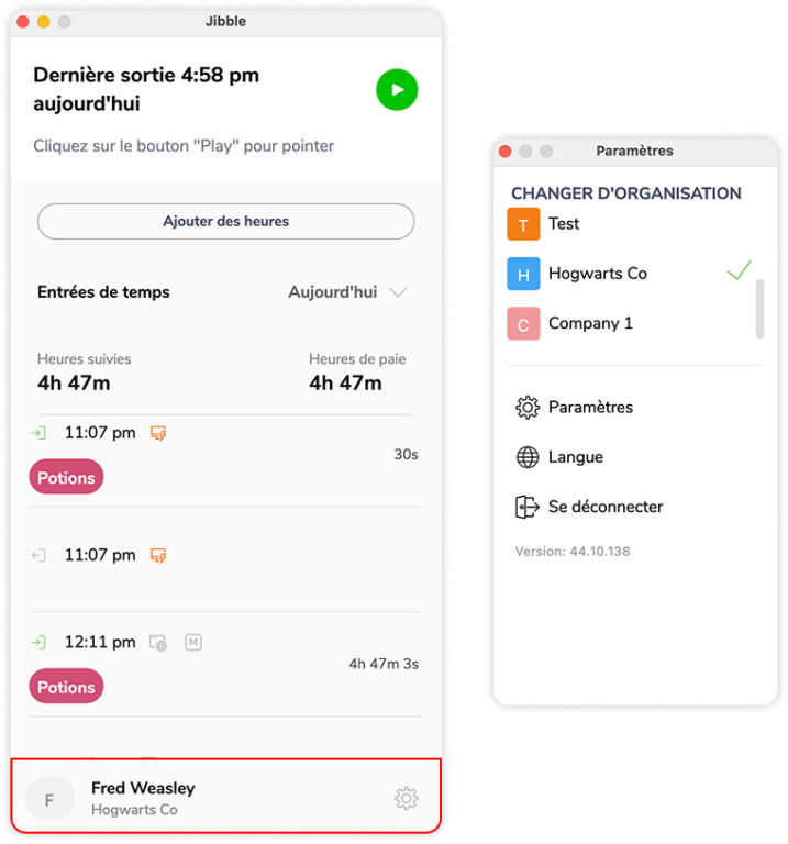 Paramètres du compte sur l'application de bureau