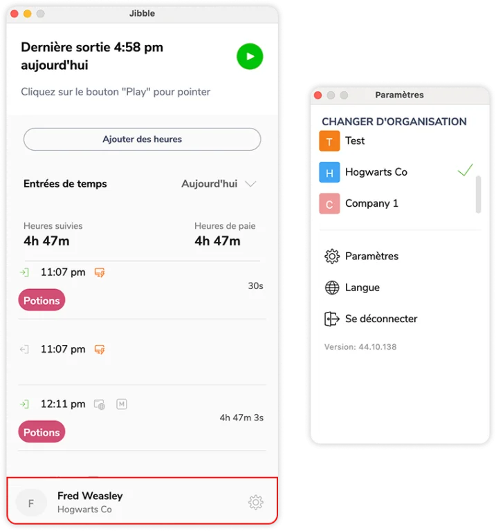 Paramètres du compte sur l'application de bureau