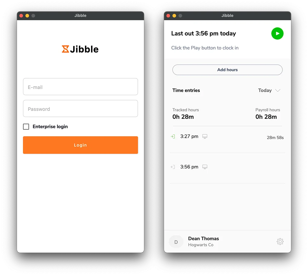 Logging in and clocking in on desktop app