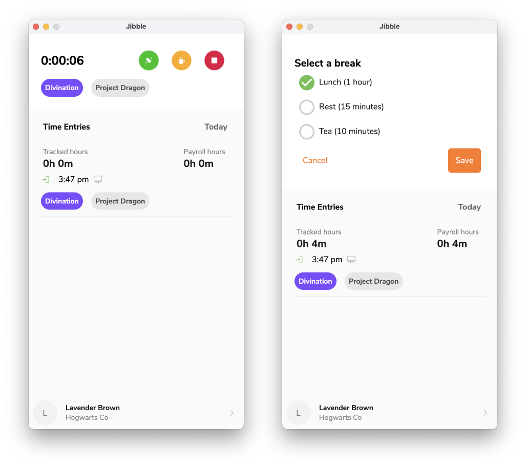 Taking breaks on Mac desktop time tracker