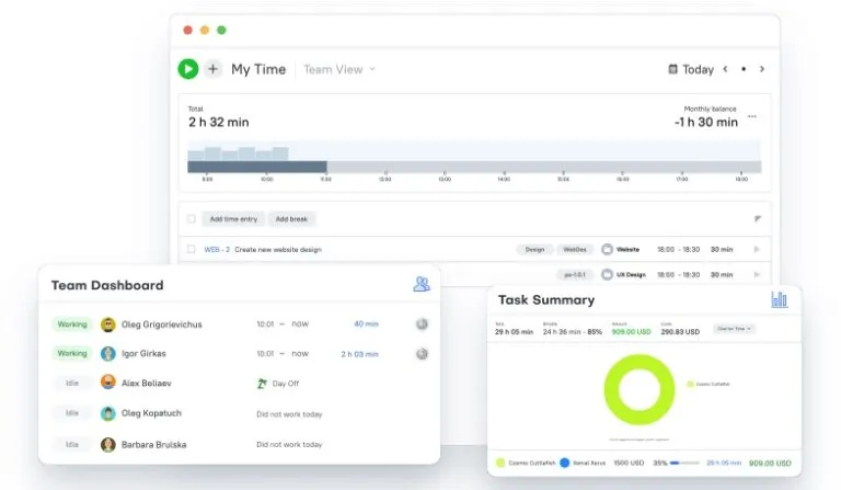 A view of the TMetric time tracking app interface.