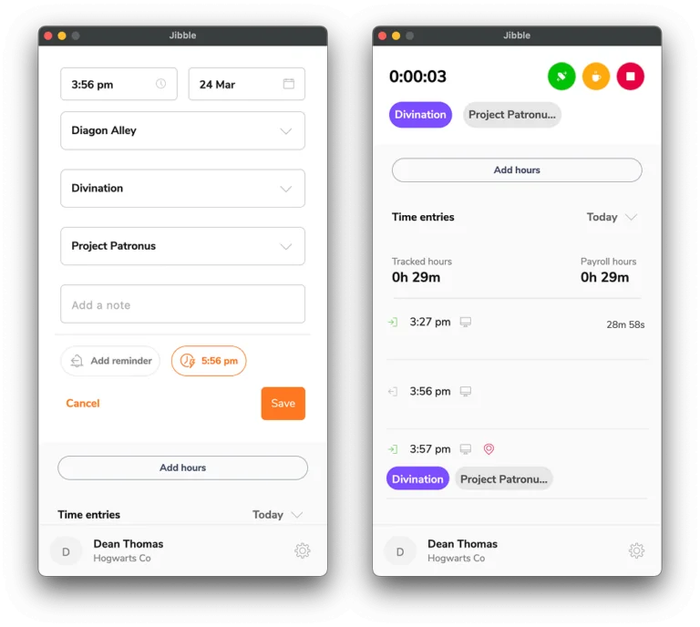 Tracking time with activity and project