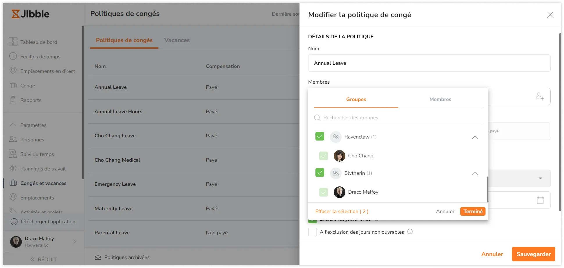 Affectation de groupes à une politique de congé