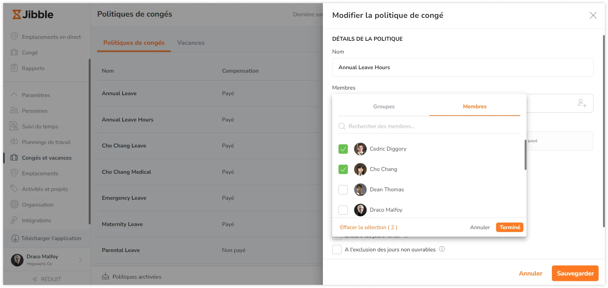 Affectation de membres à une politique de congé