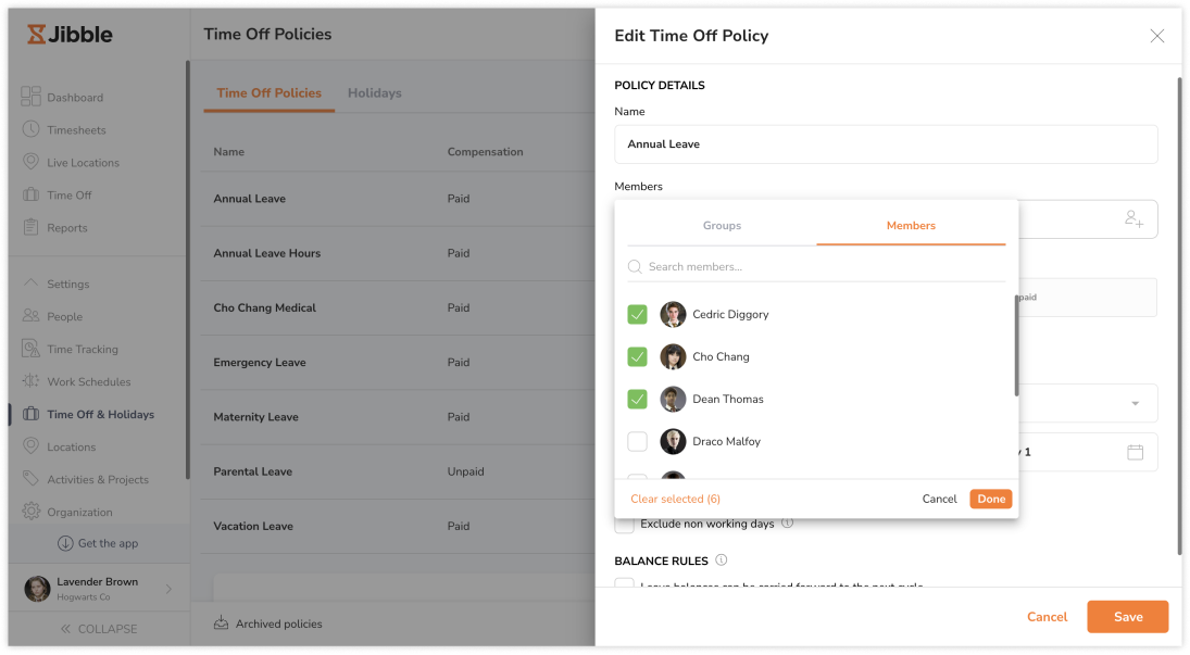 Assigning members and groups to a time off policy