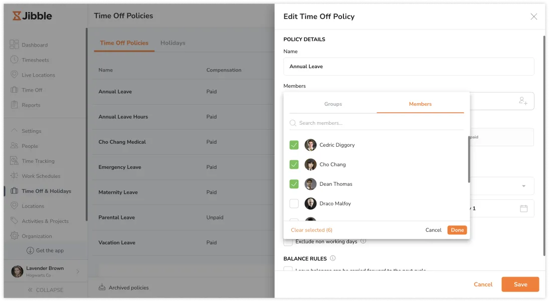 Assigning members and groups to a time off policy