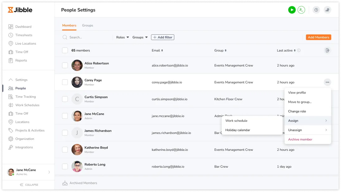 Clicking on assign to assign members to entities