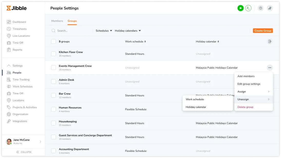 Clicking on unassign to unassign groups from entities