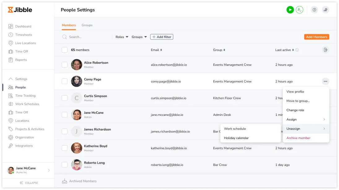 Clicking on unassign to unassign members from entities