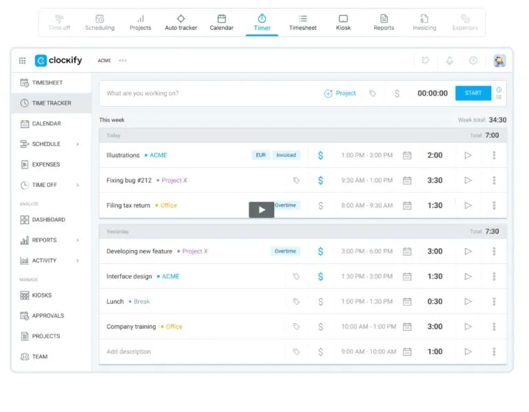 An overview of the Clockify app and its features.