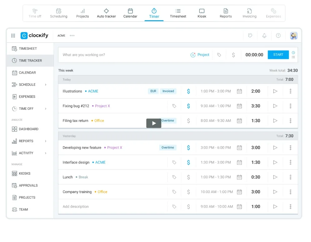 An overview of the Clockify app and its features.