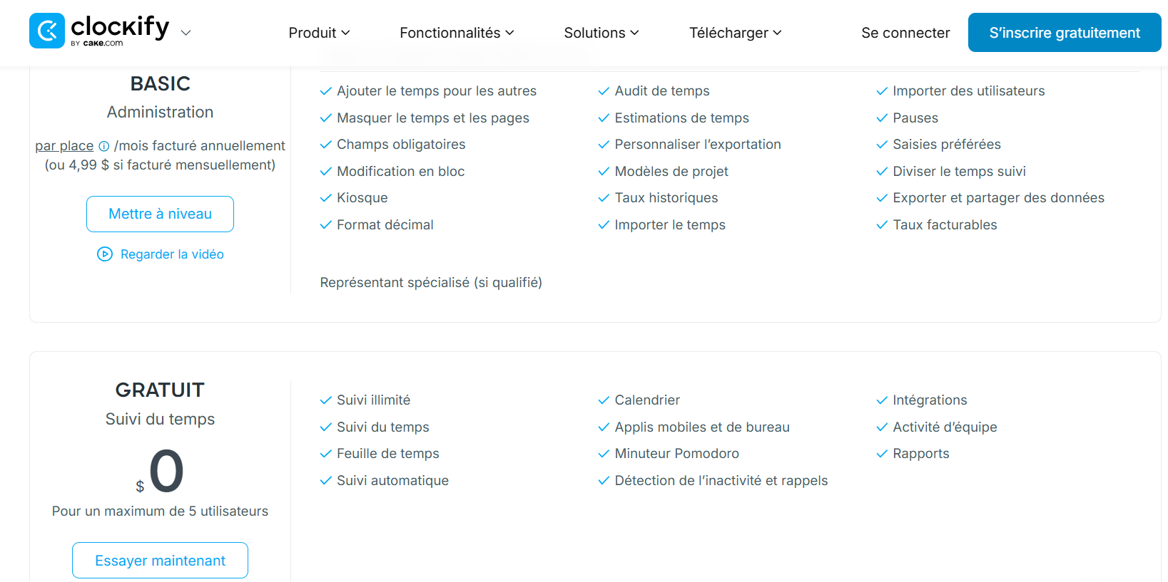 Les plans tarifaires Clockify Gratuit et Basic ainsi que la liste des fonctionnalités incluses