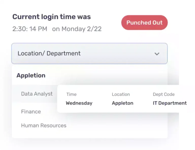 Une saisie de temps Buddy Punch avec les détails de localisation et du code département.