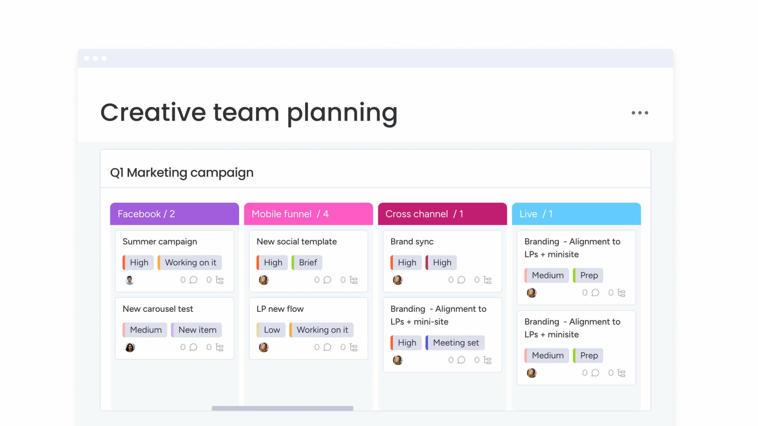 Screenshot de quadro Kanban de planejamento de equipe criativa na gestão de trabalho do monday.com.