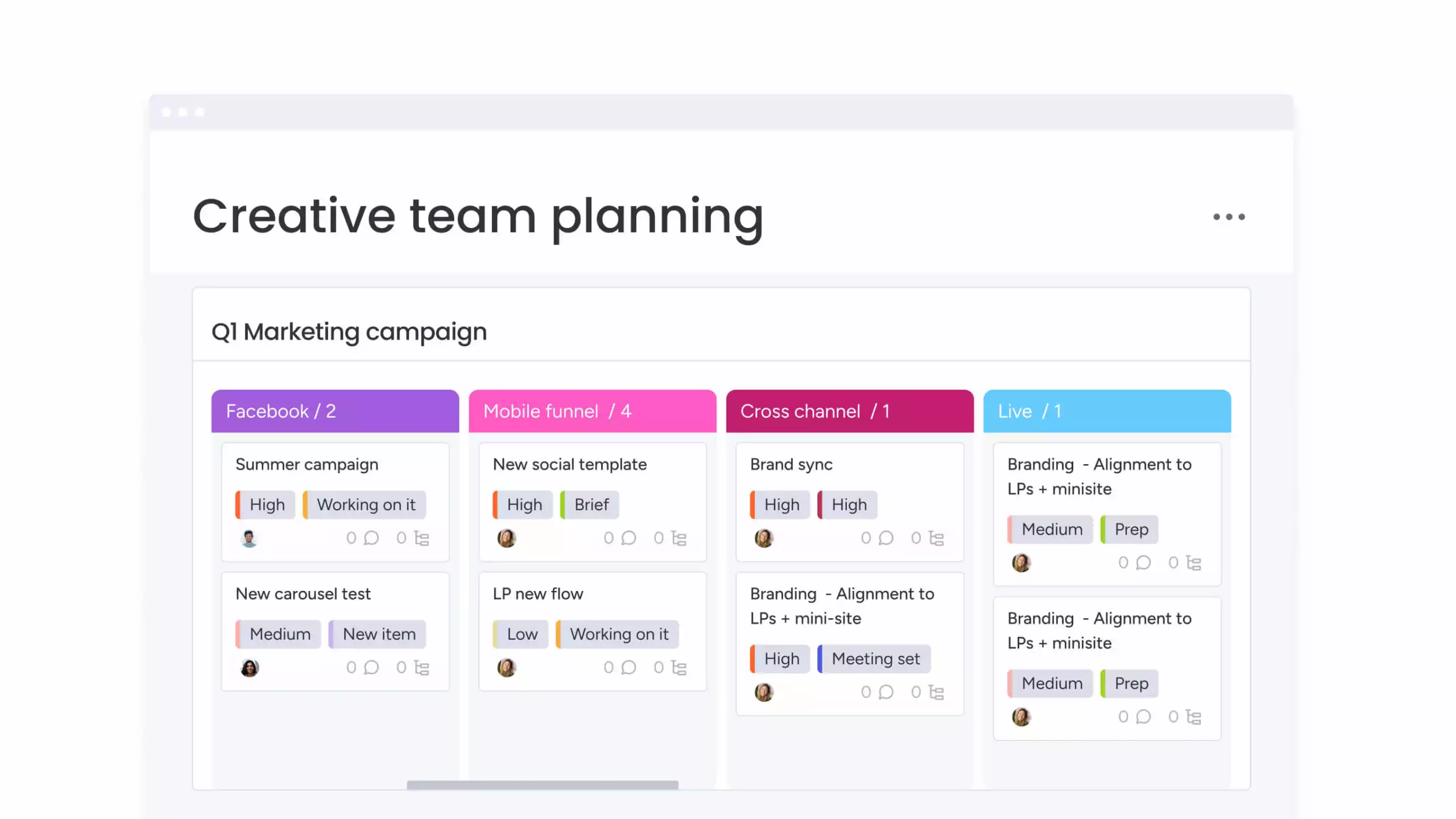 Tableau Kanban de planification d'une équipe créative concernant la gestion du travail de monday.com