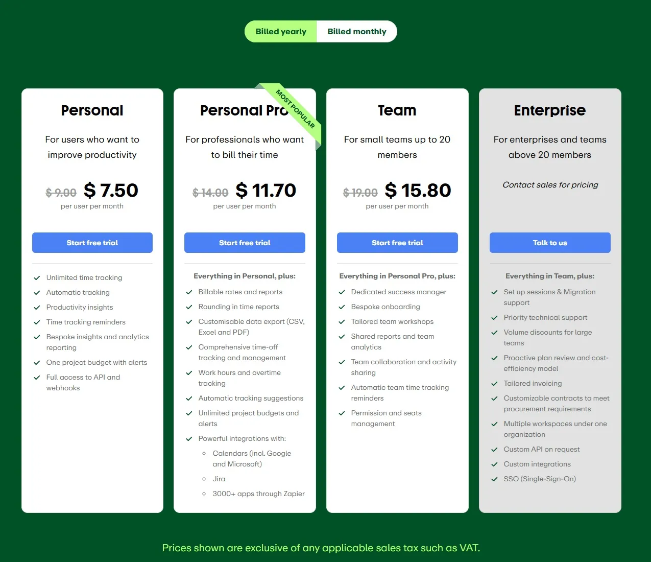 An overview of the pricing plans of the EARLY software.