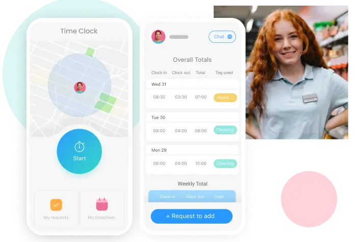 Interfaz móvil que muestra el reloj para fichar