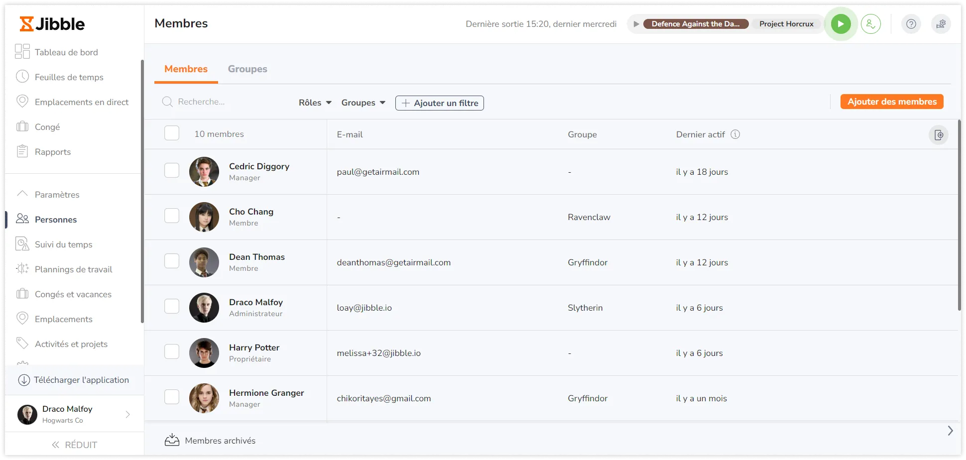 Liste de personnes filtrée par les membres et les groupes assignés