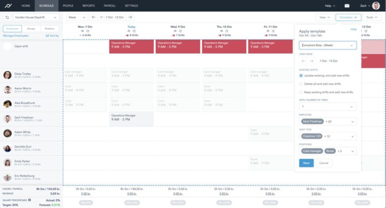 Screenshot of the Planday scheduling function