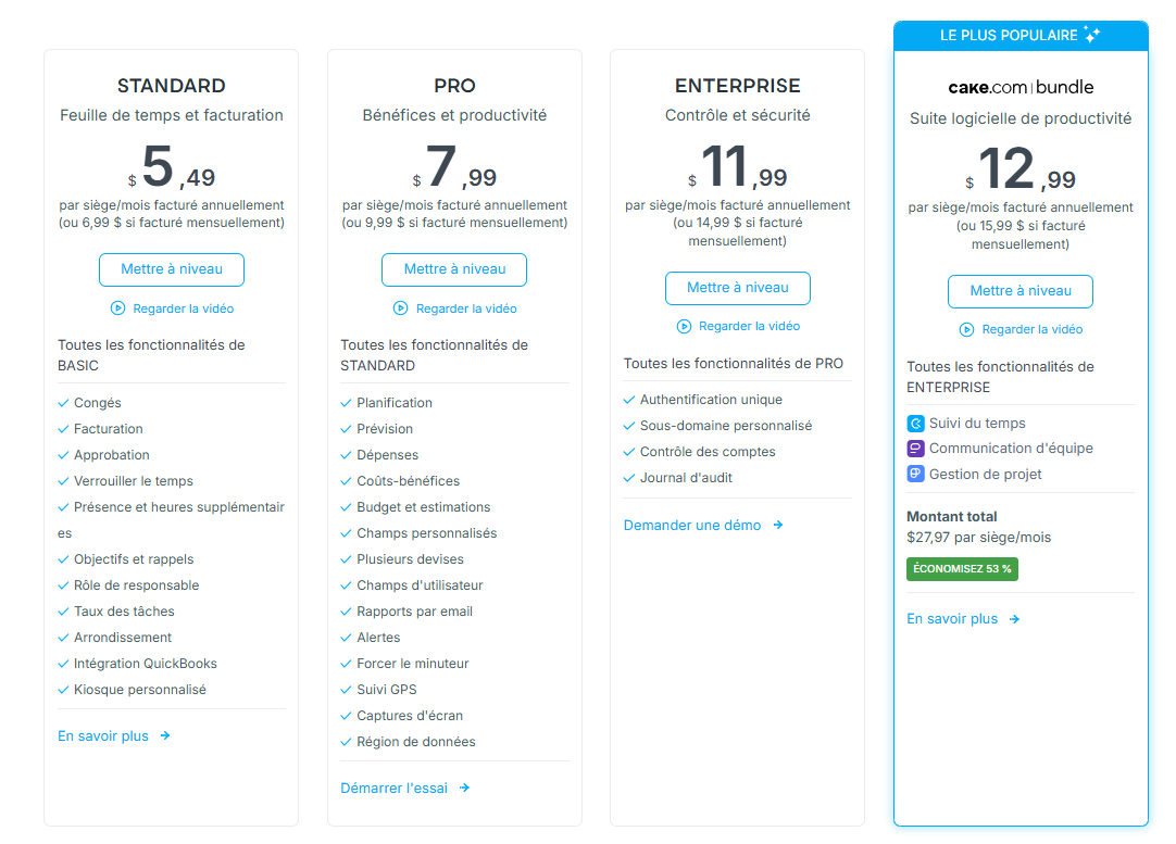 Un tableau montrant les différentes options de plans tarifaires chez Clockify