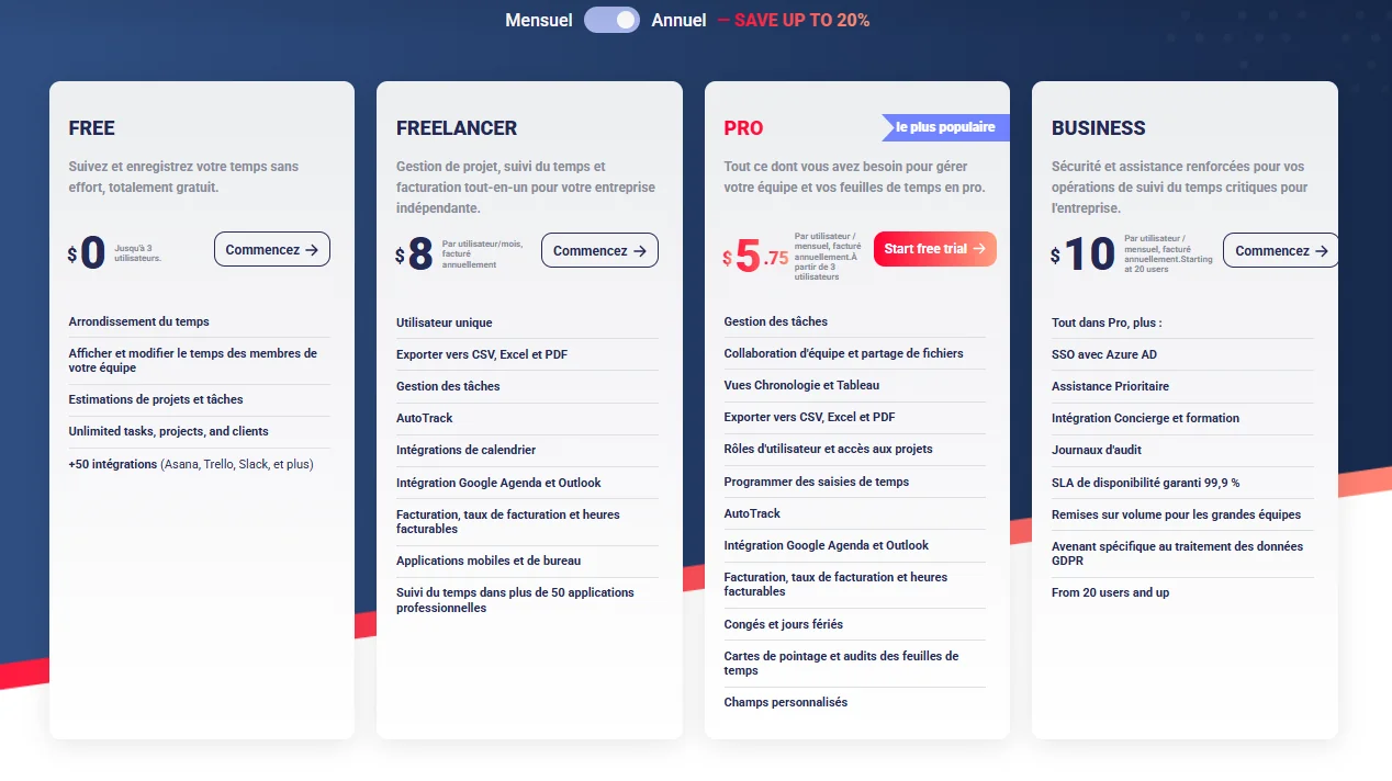 Plans tarifaires de TrackingTime