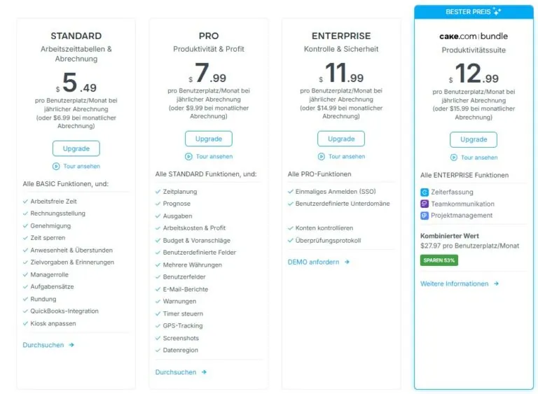 Eine Tabelle mit den Preisoptionen von Clockify.