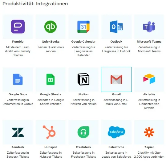 Produktivitäts-Integrationen von Clockify