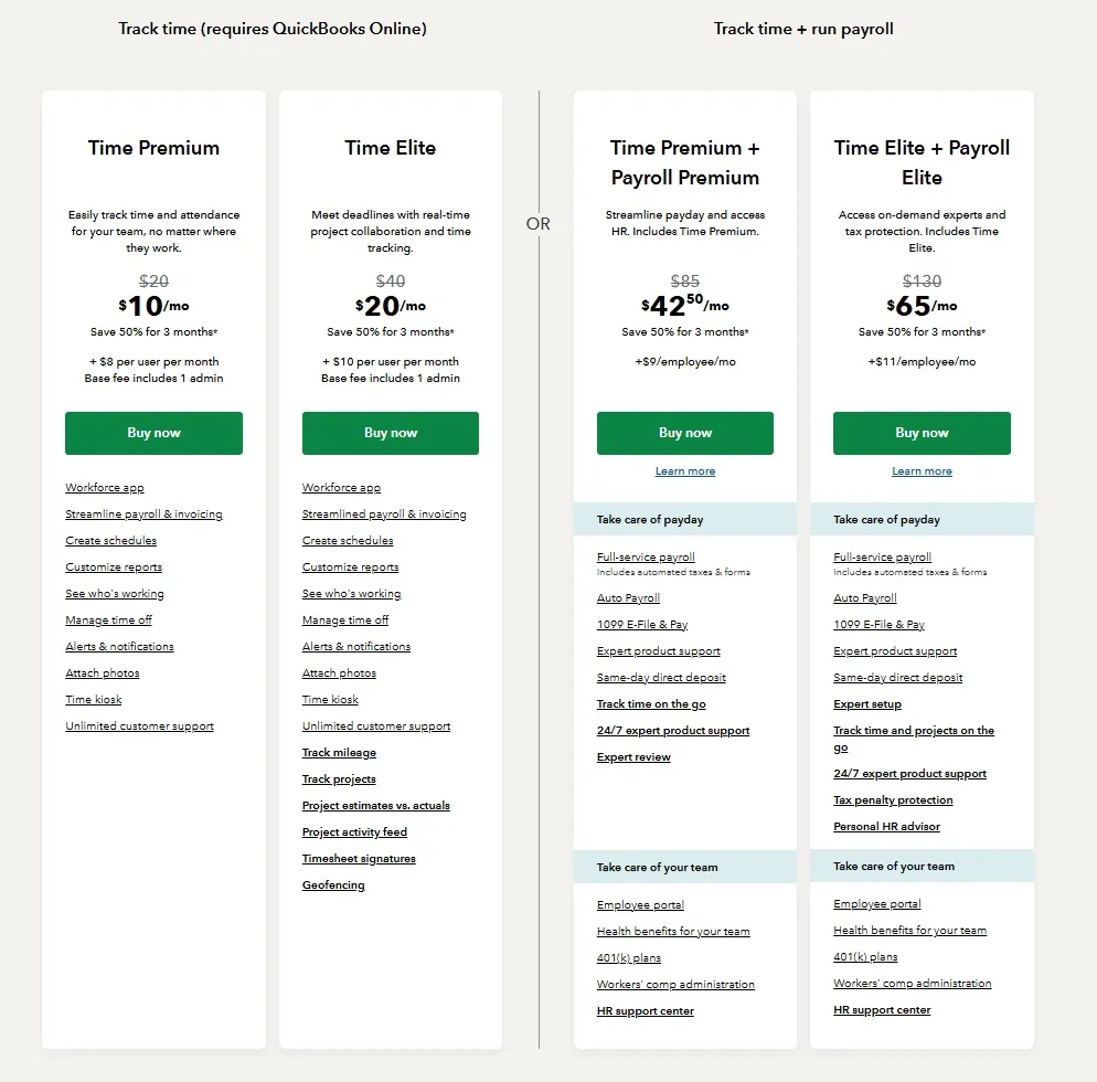 An overview of QuickBooks Time pricing plans.