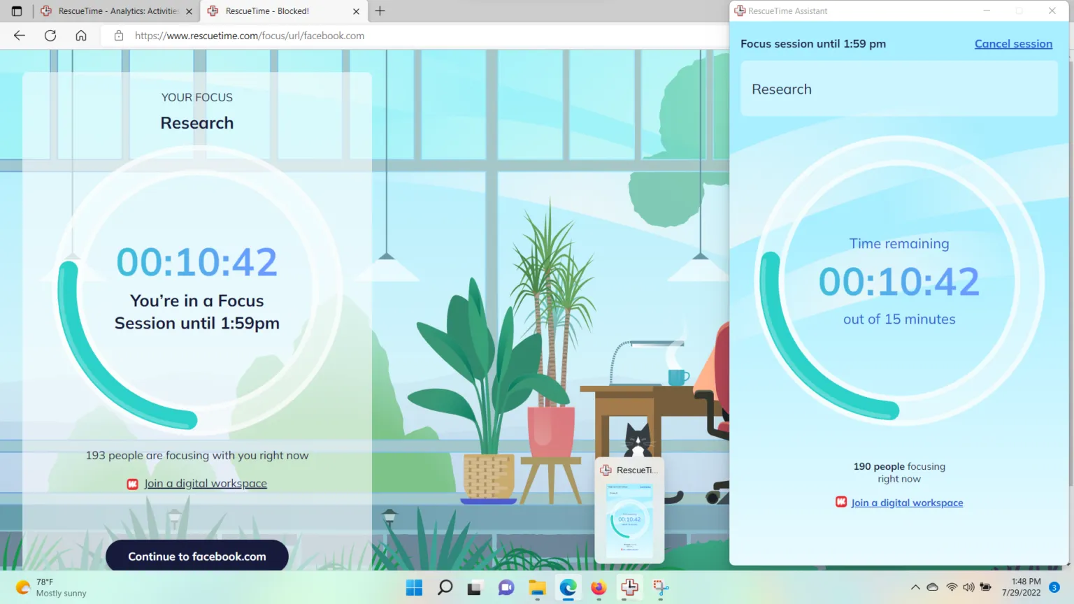 Focus session in RescueTime.